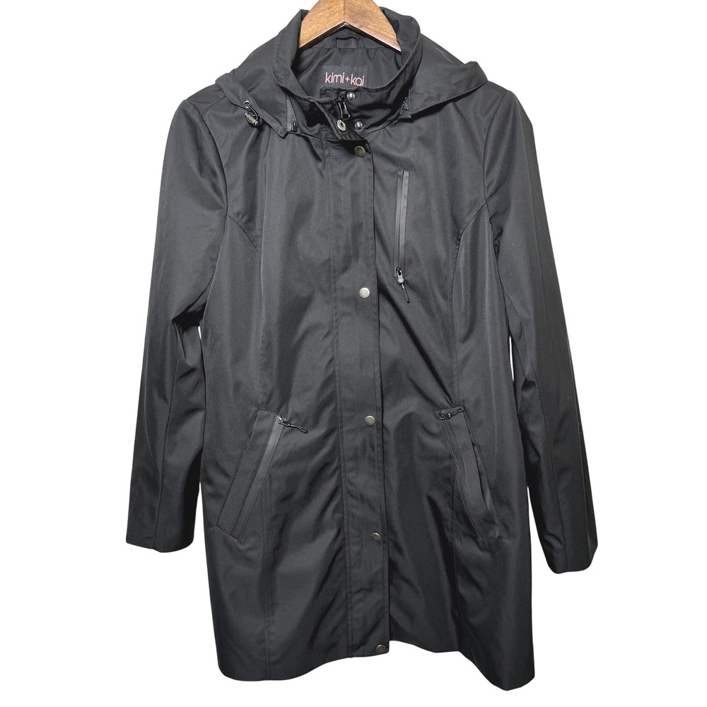 Kimi and Kai Womens Black Hooded Raincoat Mid-Length Jacket Size L CL39